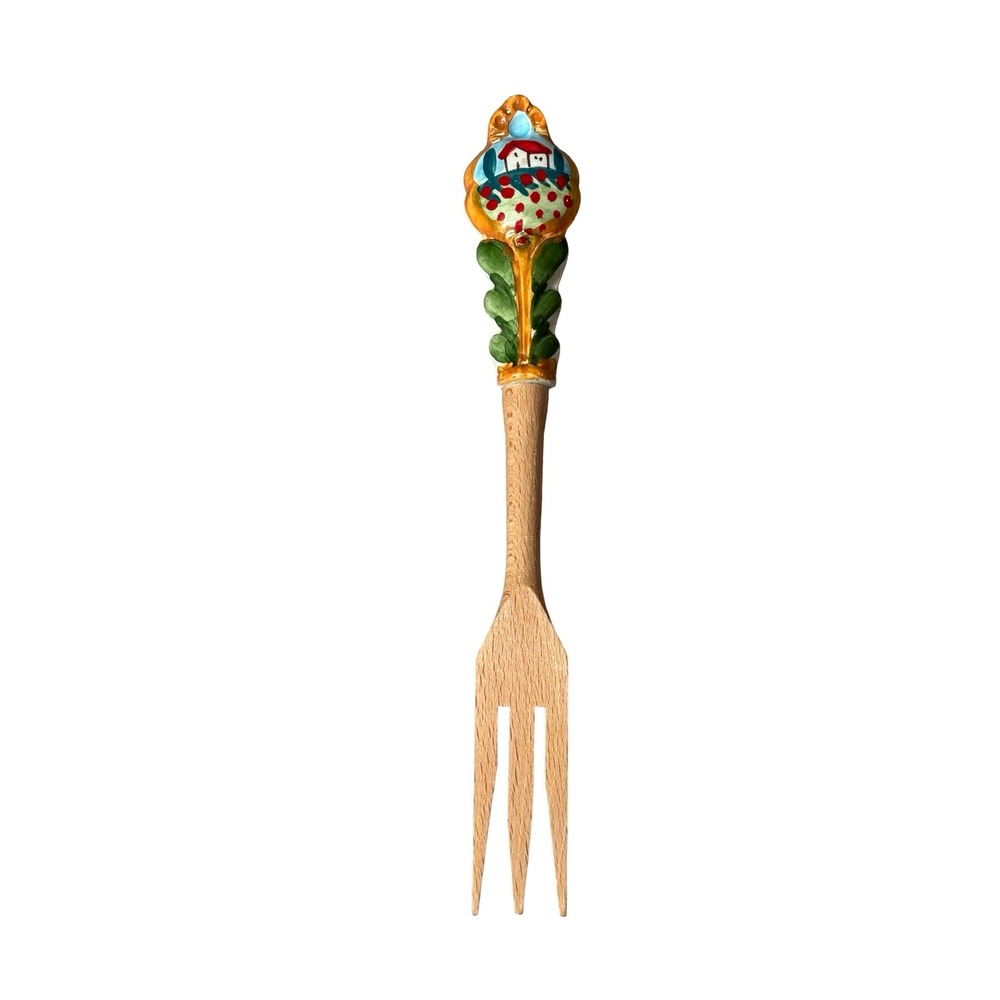 Vintage Italian Hand Painted Ceramic & Wood Serving Fork Vineyard House Motif